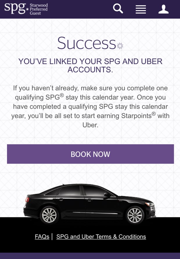 sukces łącza konta SPG Uber 