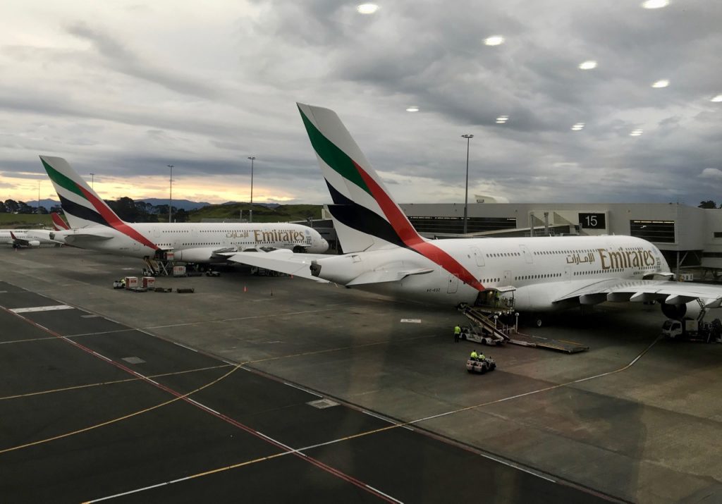 Emirates A380s on the tarmac at Auckland Airport