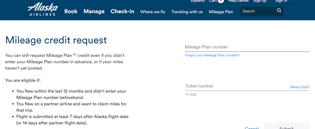 Claiming miles from Alaska Airlines Mileage Plan