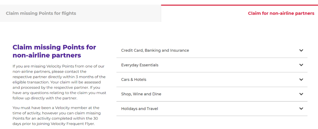 Claiming points from Velocity partners