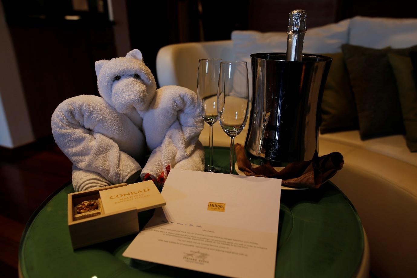 Conrad Rangali Maldives welcome gift and sparkling wine for Diamond members