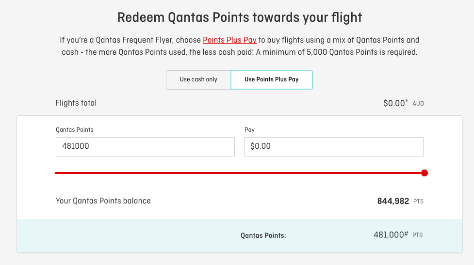Qantas Any Seat Award Points plus Pay booking