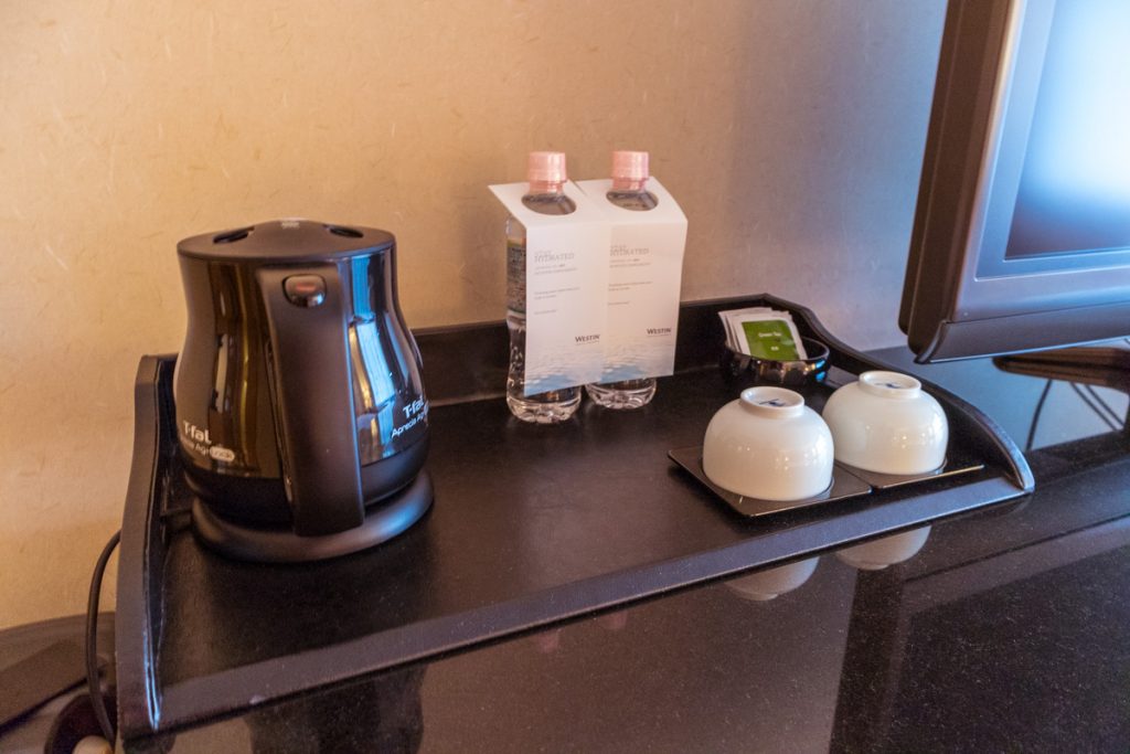 Westin Miyako Kyoto Deluxe Garden View room kettle and water