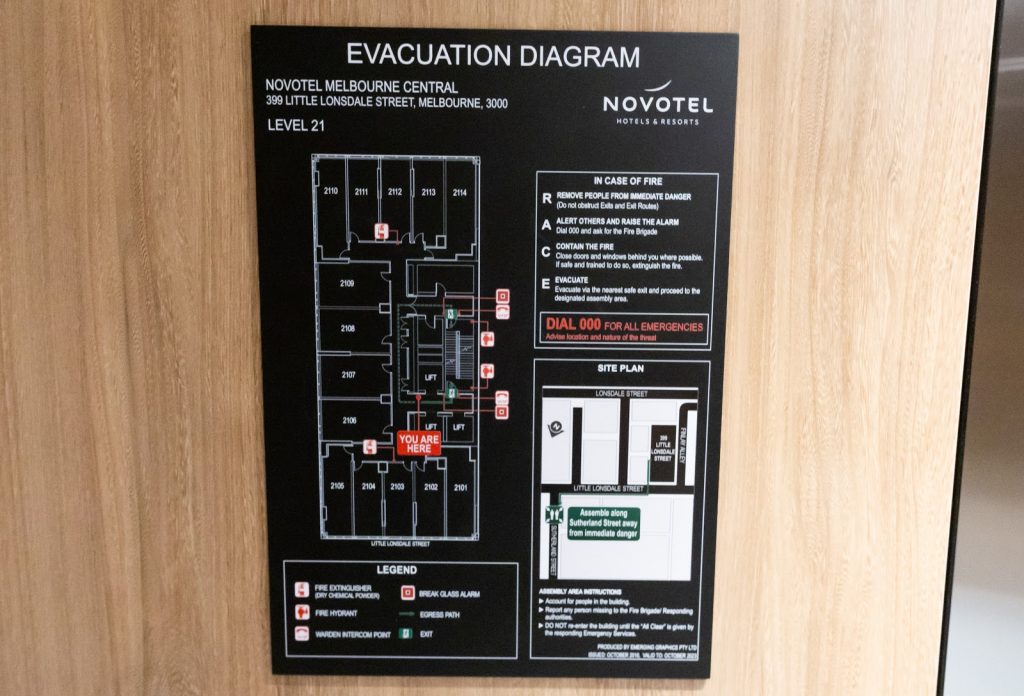 Novotel Melbourne Central Deluxe King Room evacuation diagram