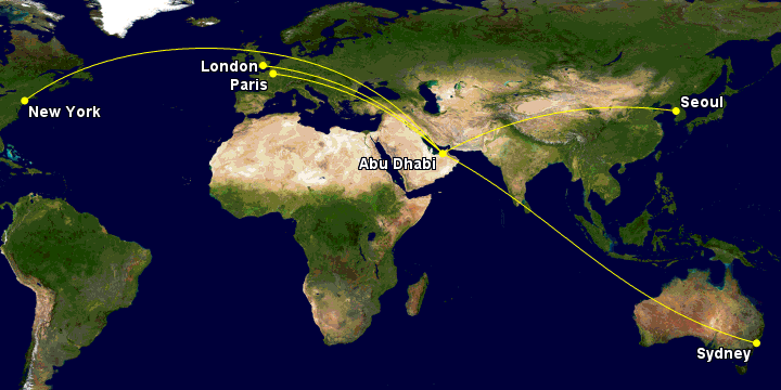Etihad Airways A380 routes Jul 2019