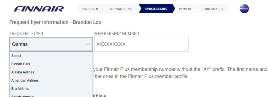 Qantas Change FF Number Finnair