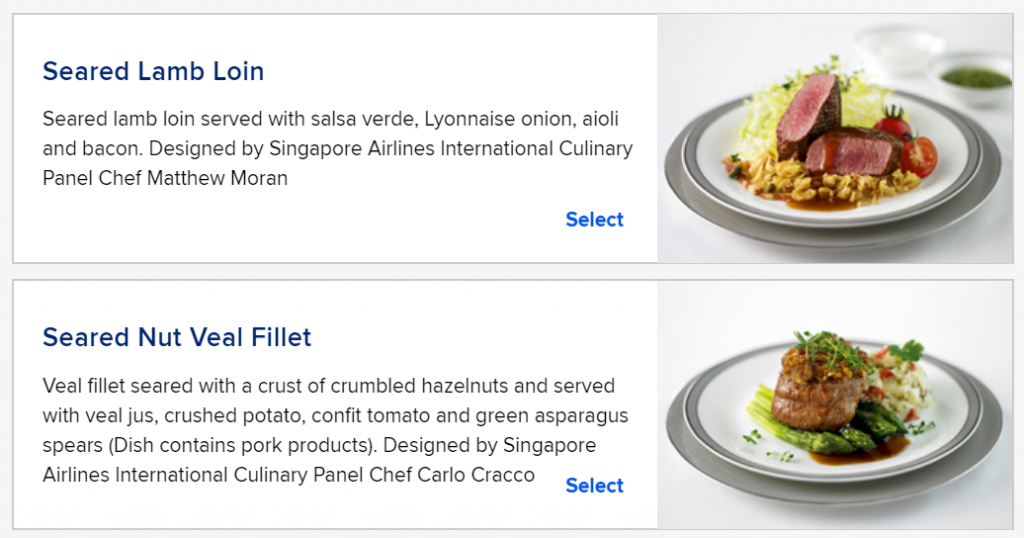 Singapore Airlines Book the Cook Menu