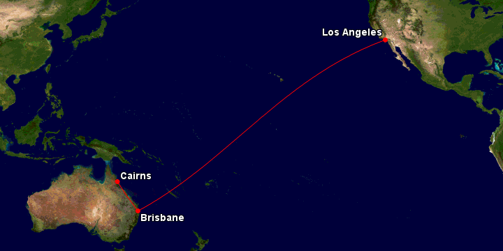 Cairns to Los Angeles via Brisbane map