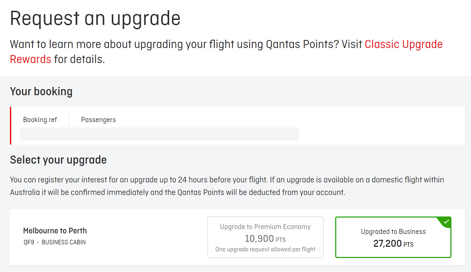 QF9 Qantas 787 Business Class - upgrade request