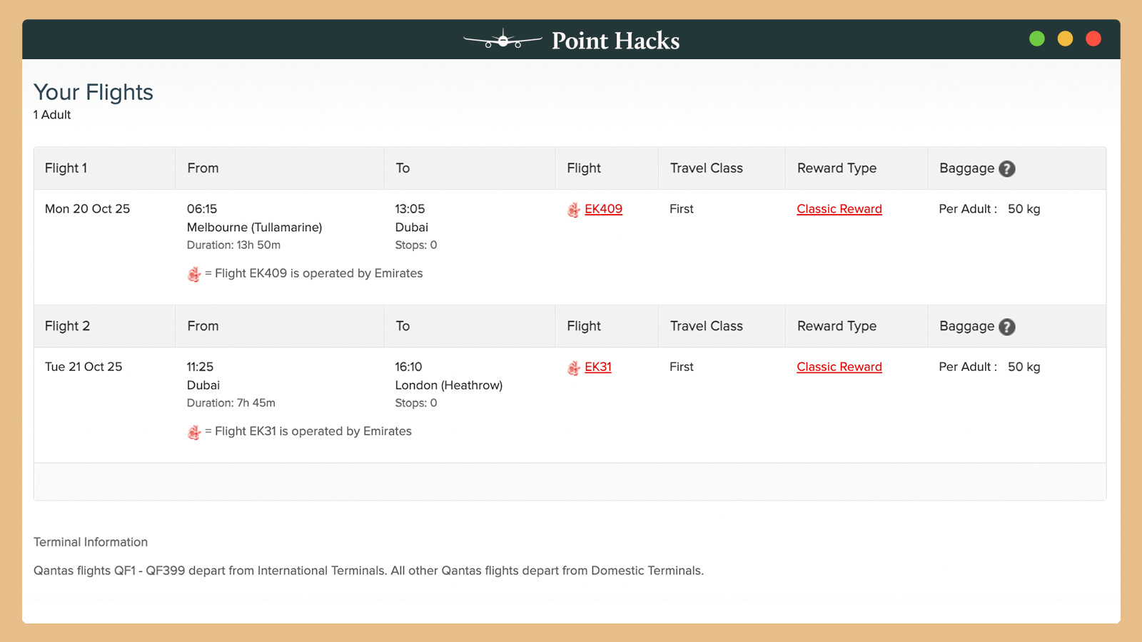 MEL-DXB-LHR Emirates First long layover using Qantas Points