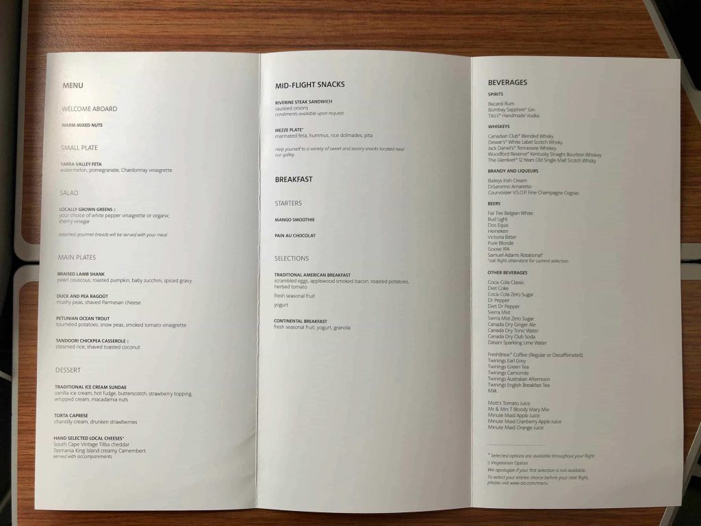 American Airlines 787-9 Business Class menu
