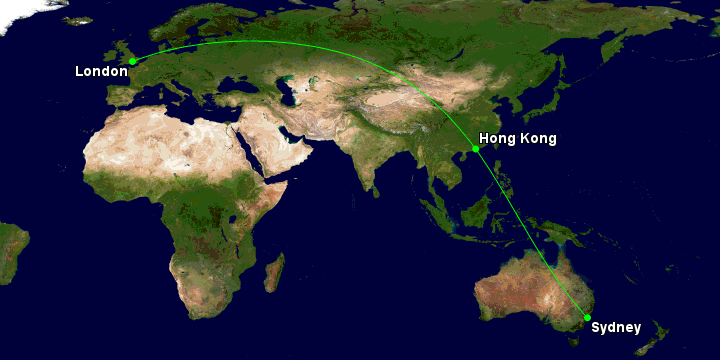 Sydney to London via Hong Kong map
