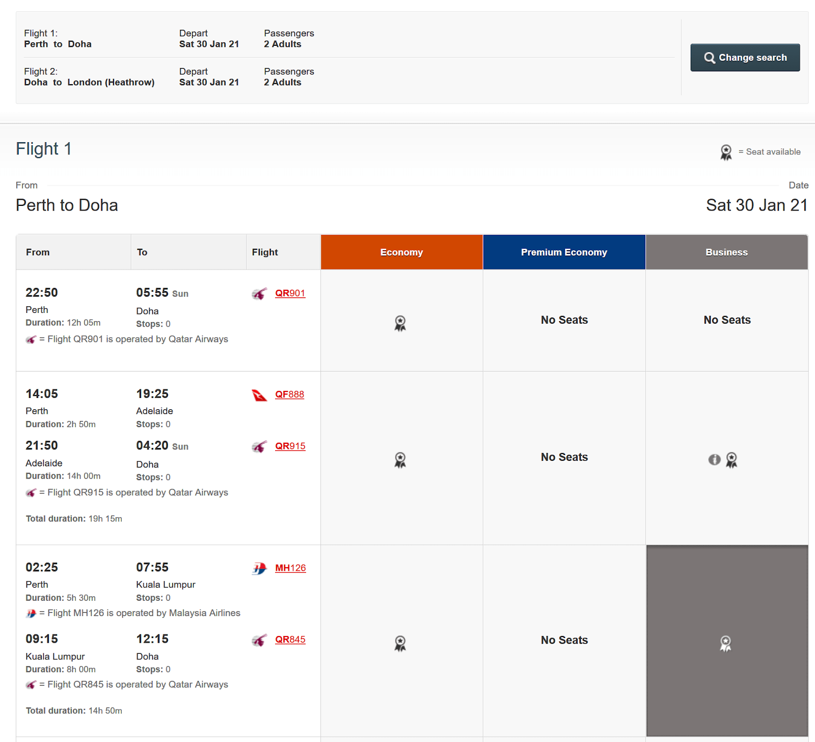 Booking multiple award flights results - first flight