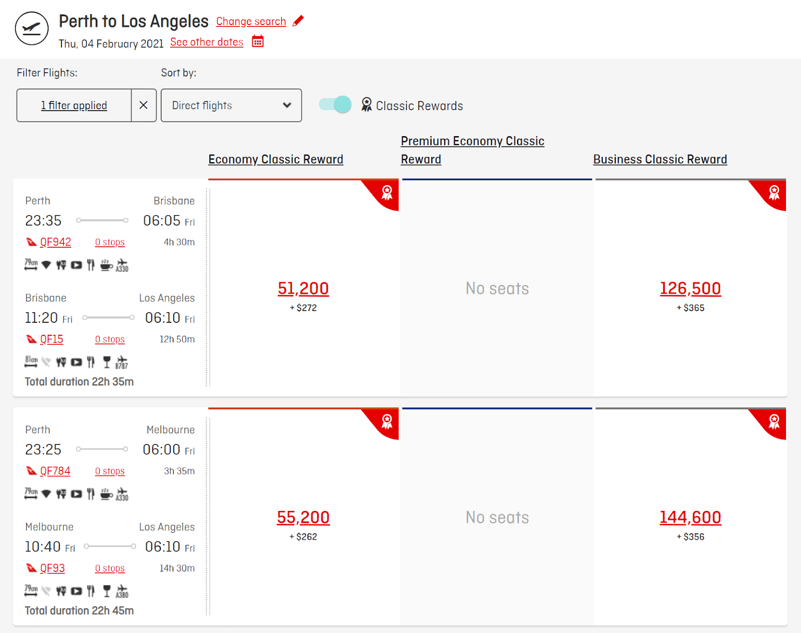 Qantas new booking interface - search result