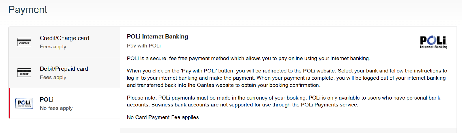 Qantas award booking - payment options