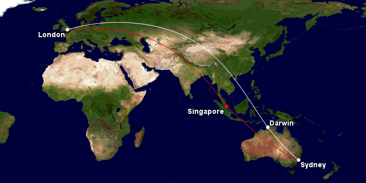 Qantas flight to London via Darwin