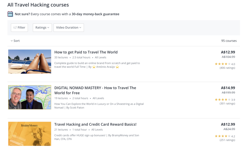 Udemy Travel Hacking Courses Page