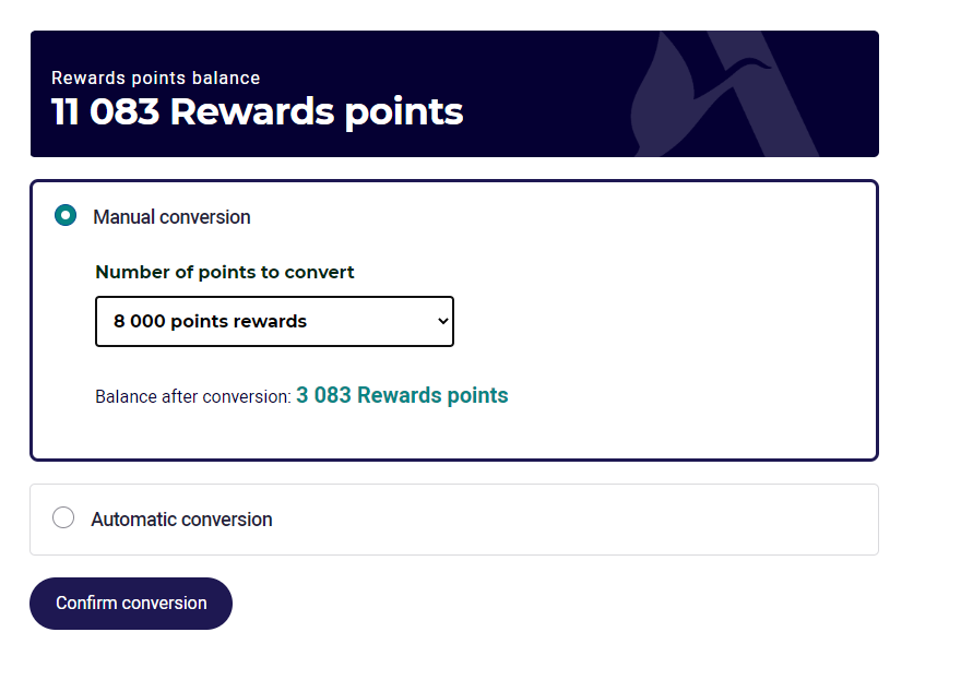 Example Accor Rewards conversion screen