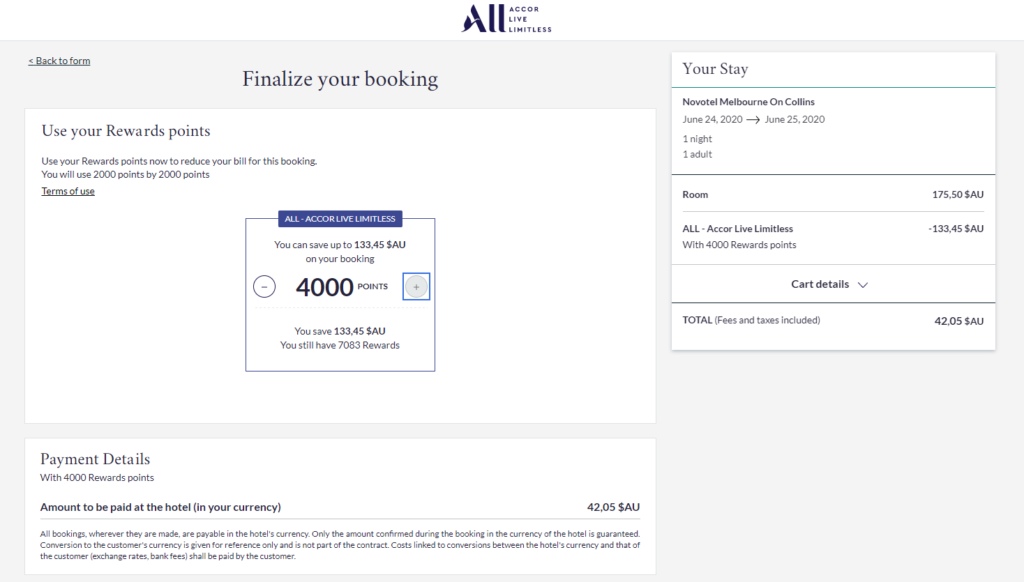 Example Redemption using Accor Rewards points for a stay at Novotel Melbourne