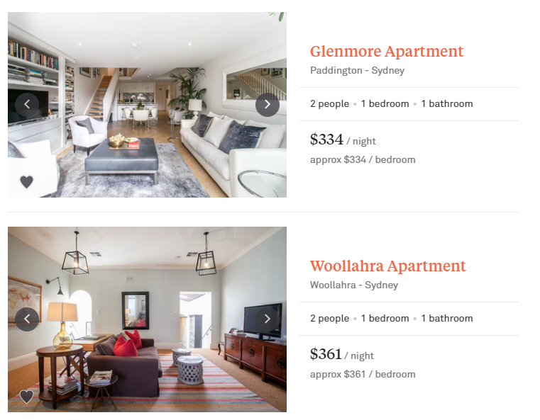 Screenshot of onefinestay search for Australia showing two properties in Sydney