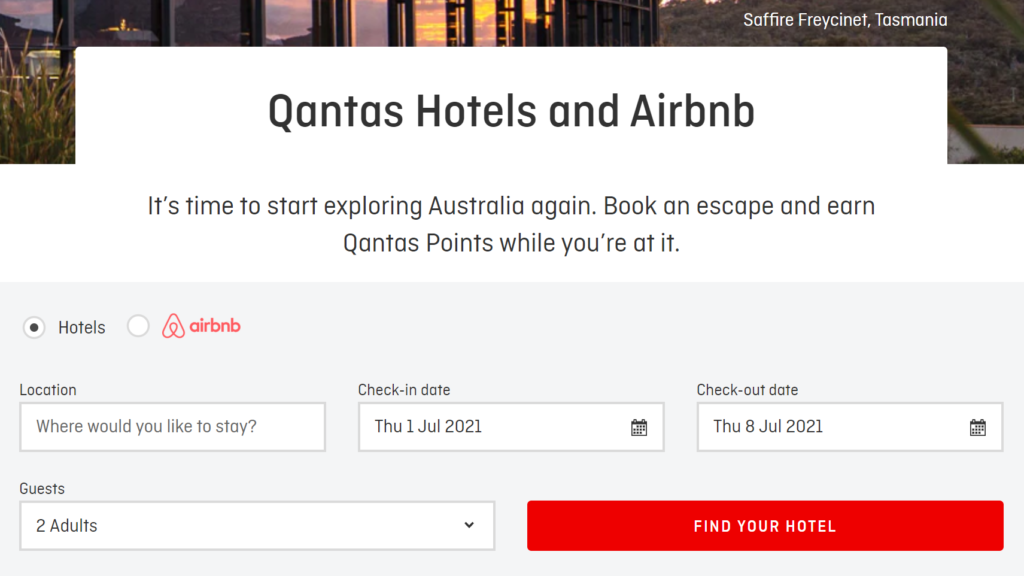 Qantas Hotels main booking screen