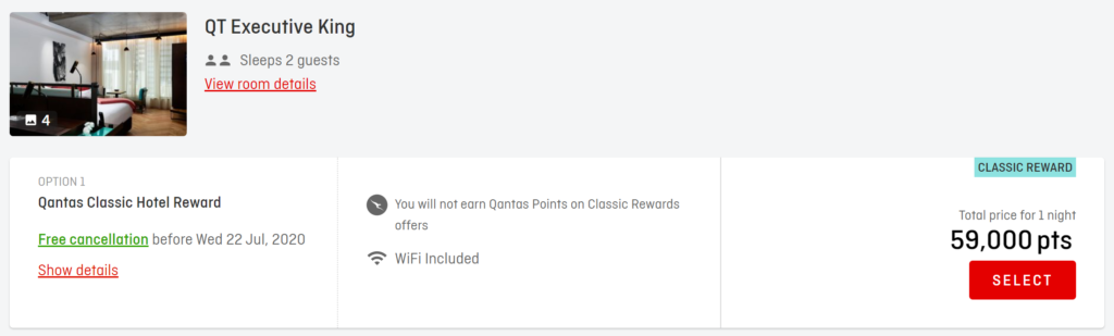 Qantas Hotels Classic Hotel Rewards booking page