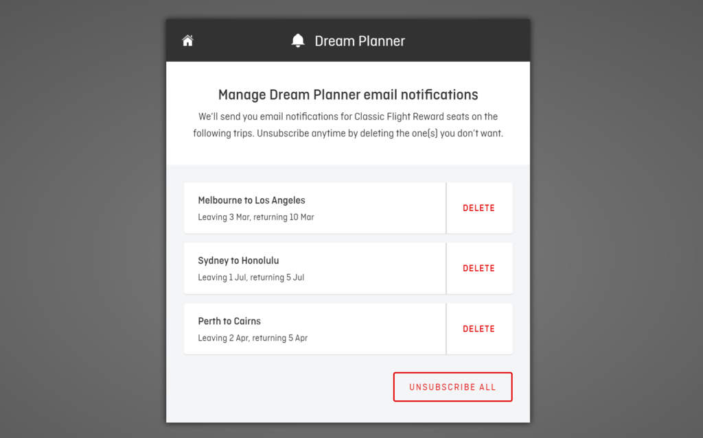 Unsubscribing from Dream Planner notification emails.