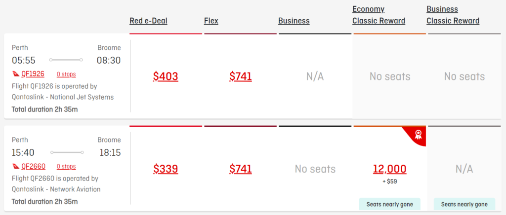 Perth to Broome Qantas reward seats