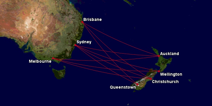 Qantas routes between Australia and New Zealand (as of Jan 2020)