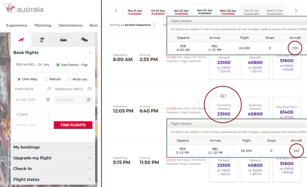 Virgin Australia A330 Economy Class - redemption