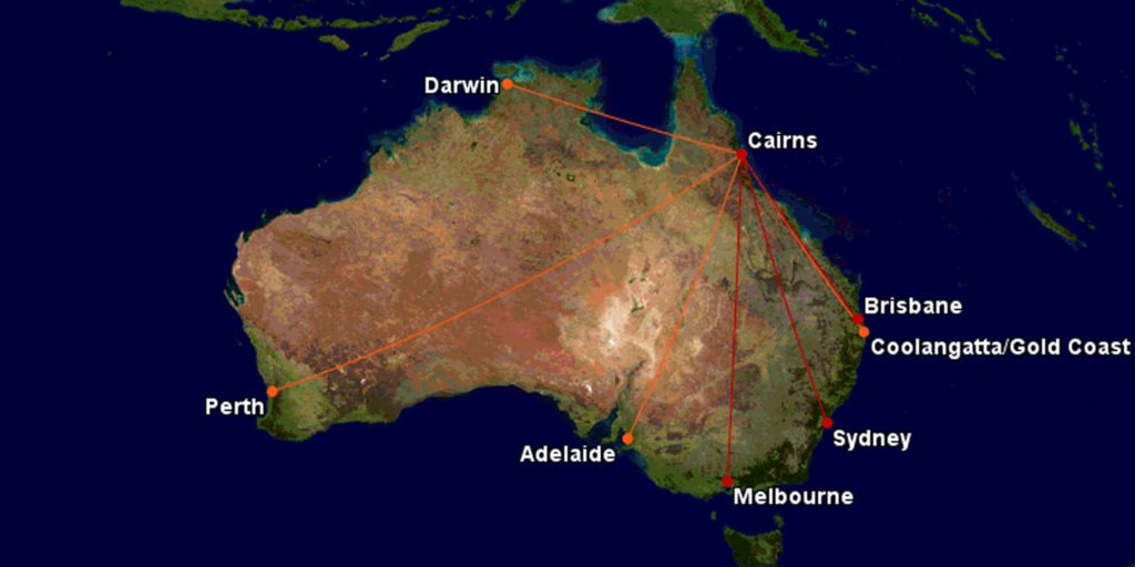 Qantas and Jetstar routes to Cairns.