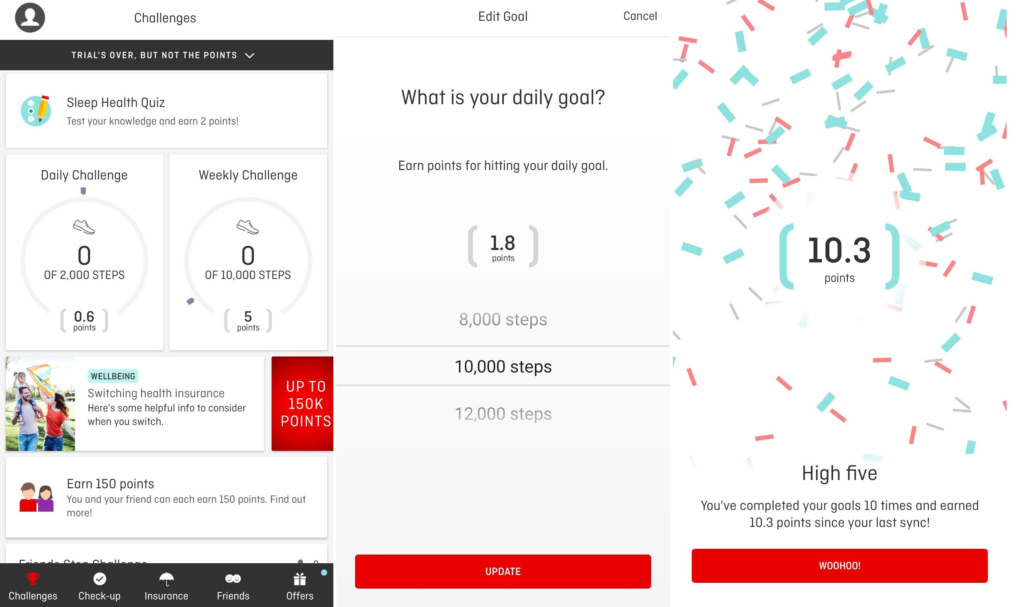 Examples of setting step goals and earning rewards with the Qantas Wellbeing App