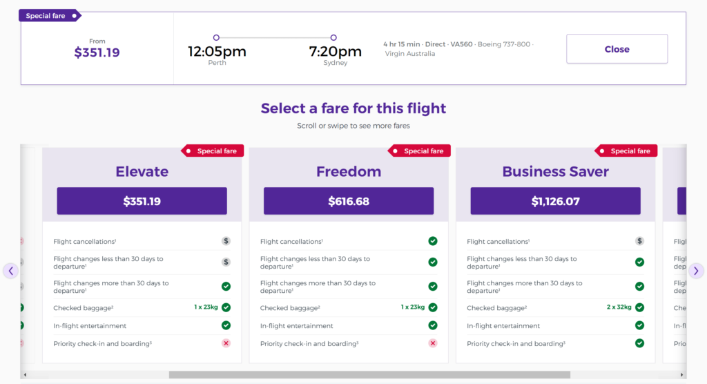 Virgin Australia fare classes