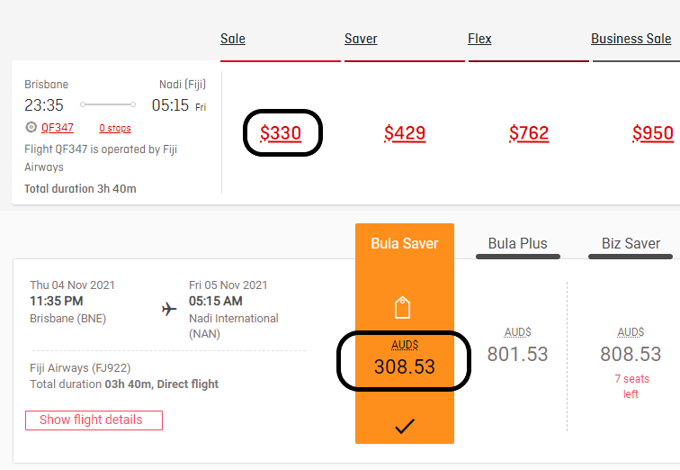 Qantas + Fiji Airways codeshare comparison