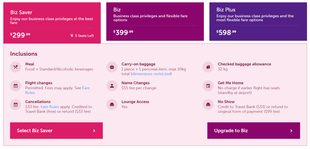 Rex Business Class Fares comparison