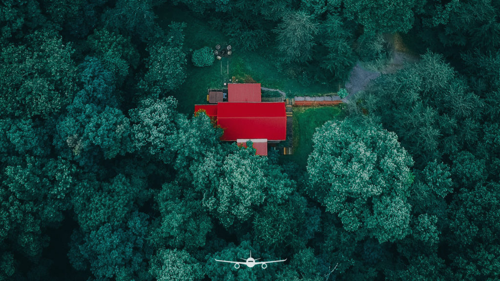 Red house in green forest