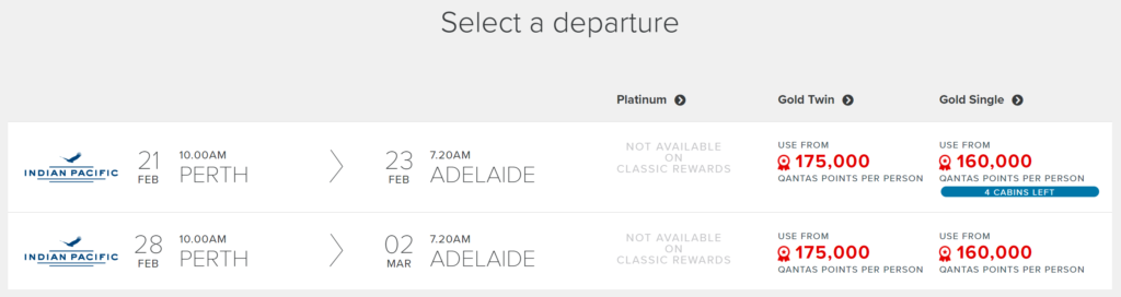 Qantas Journey Beyond Classic Rail Reward selection