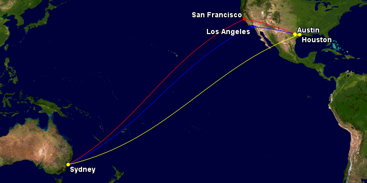 Map routes from Austin to Sydney