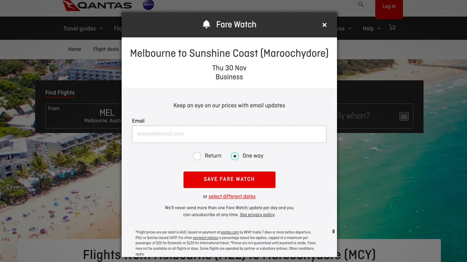 Setting up Qantas Fare Watch