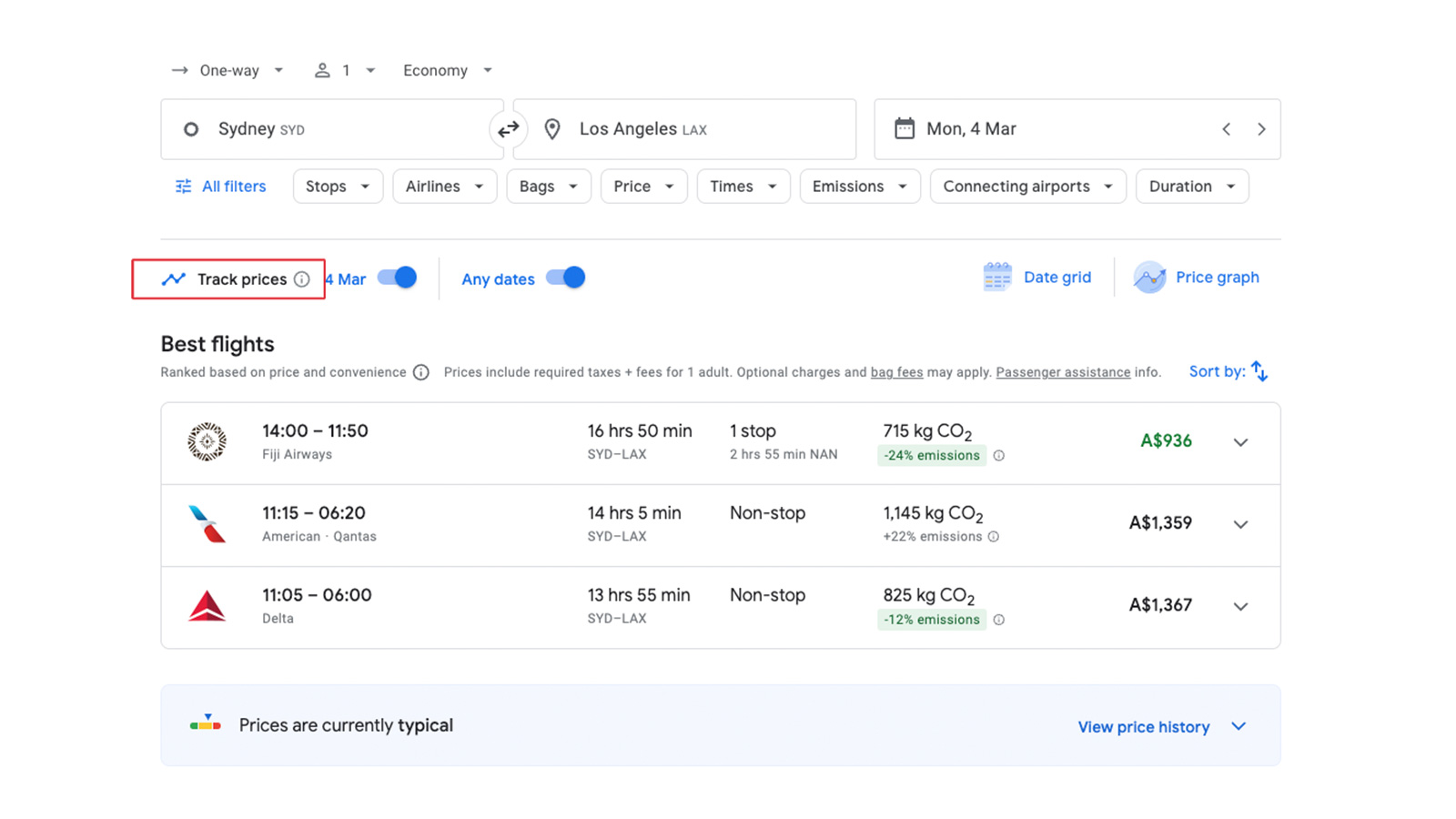 Searching for flights using Google Flights