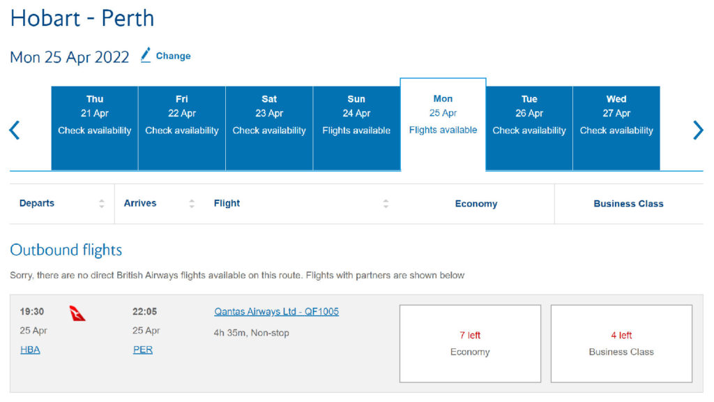 British Airways reward seat search