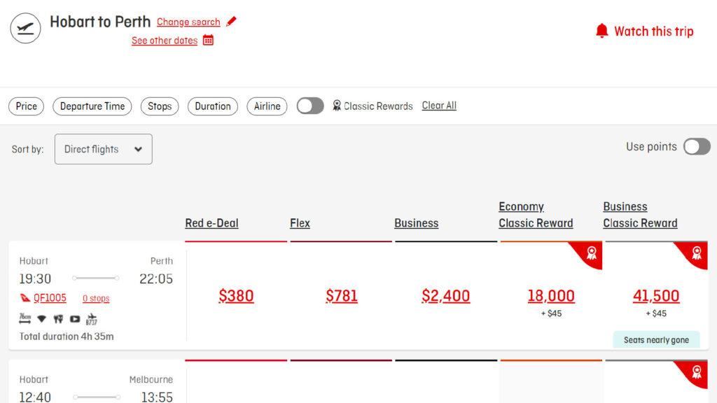 Qantas Hobart to Perth search