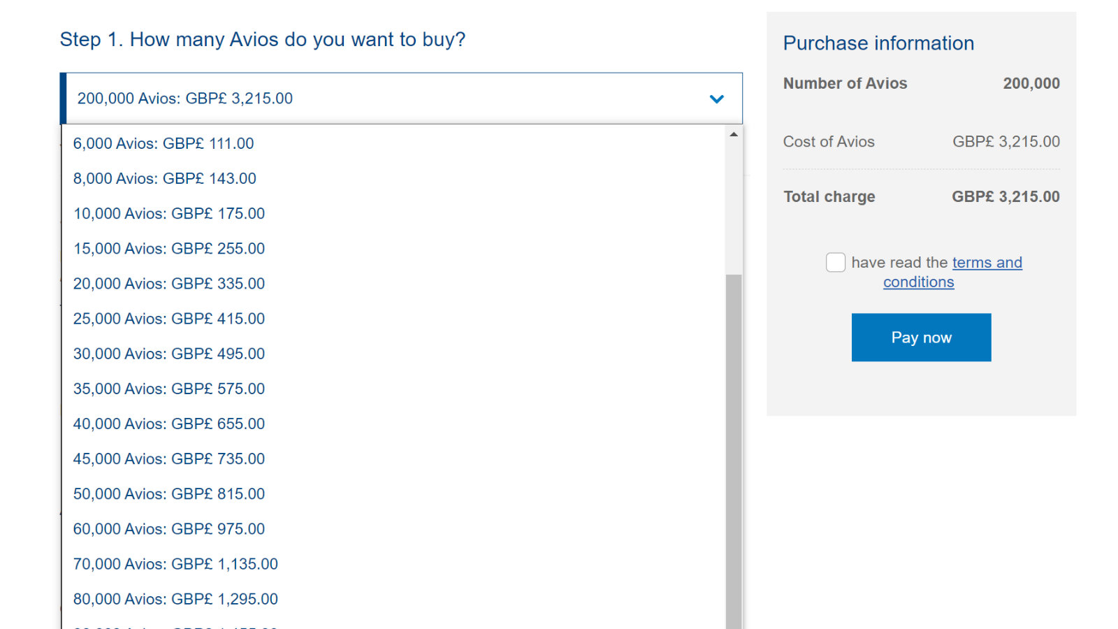 Example Pricing Buy Avios