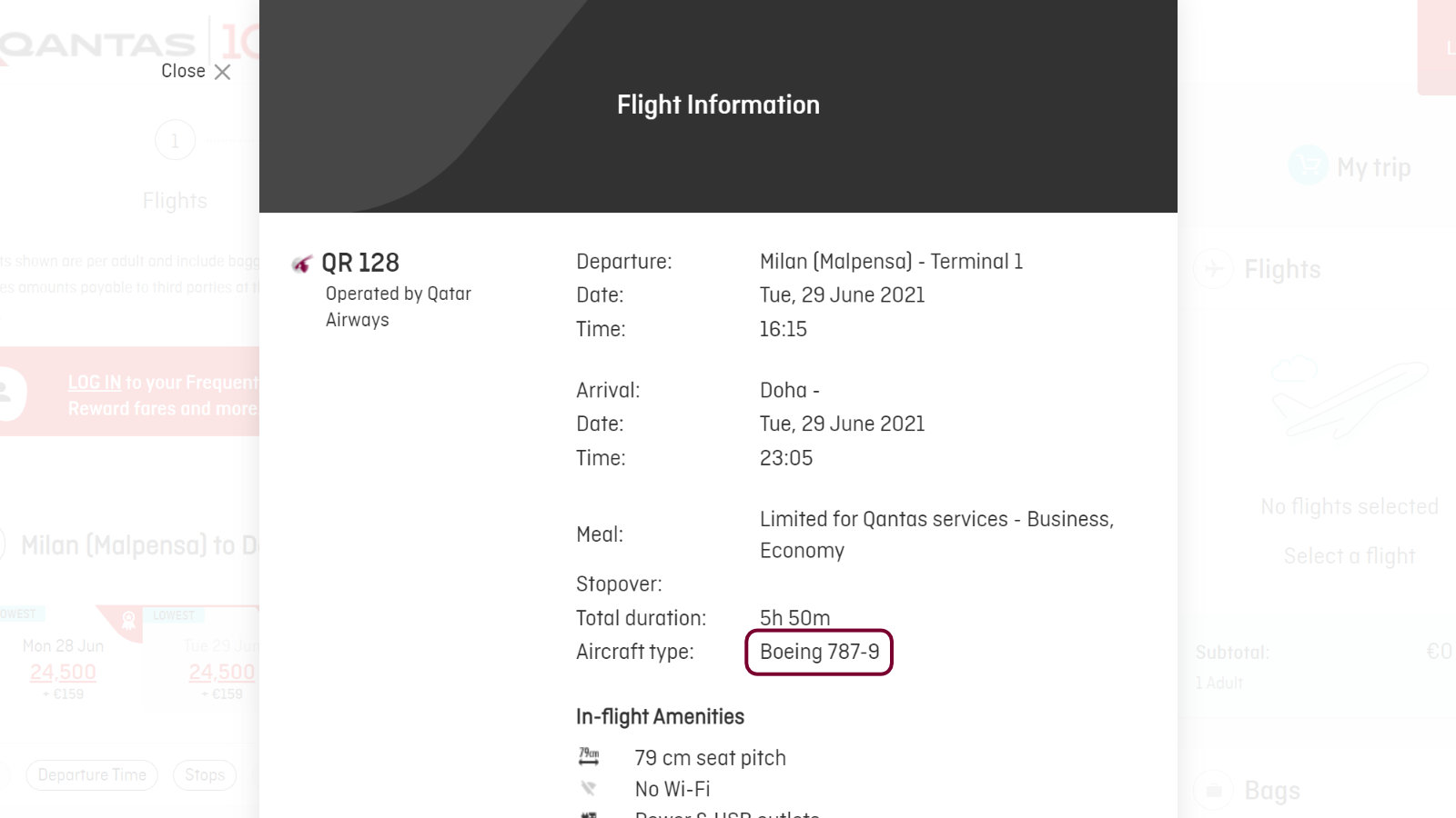 MXP to DOH 787-9 Booking