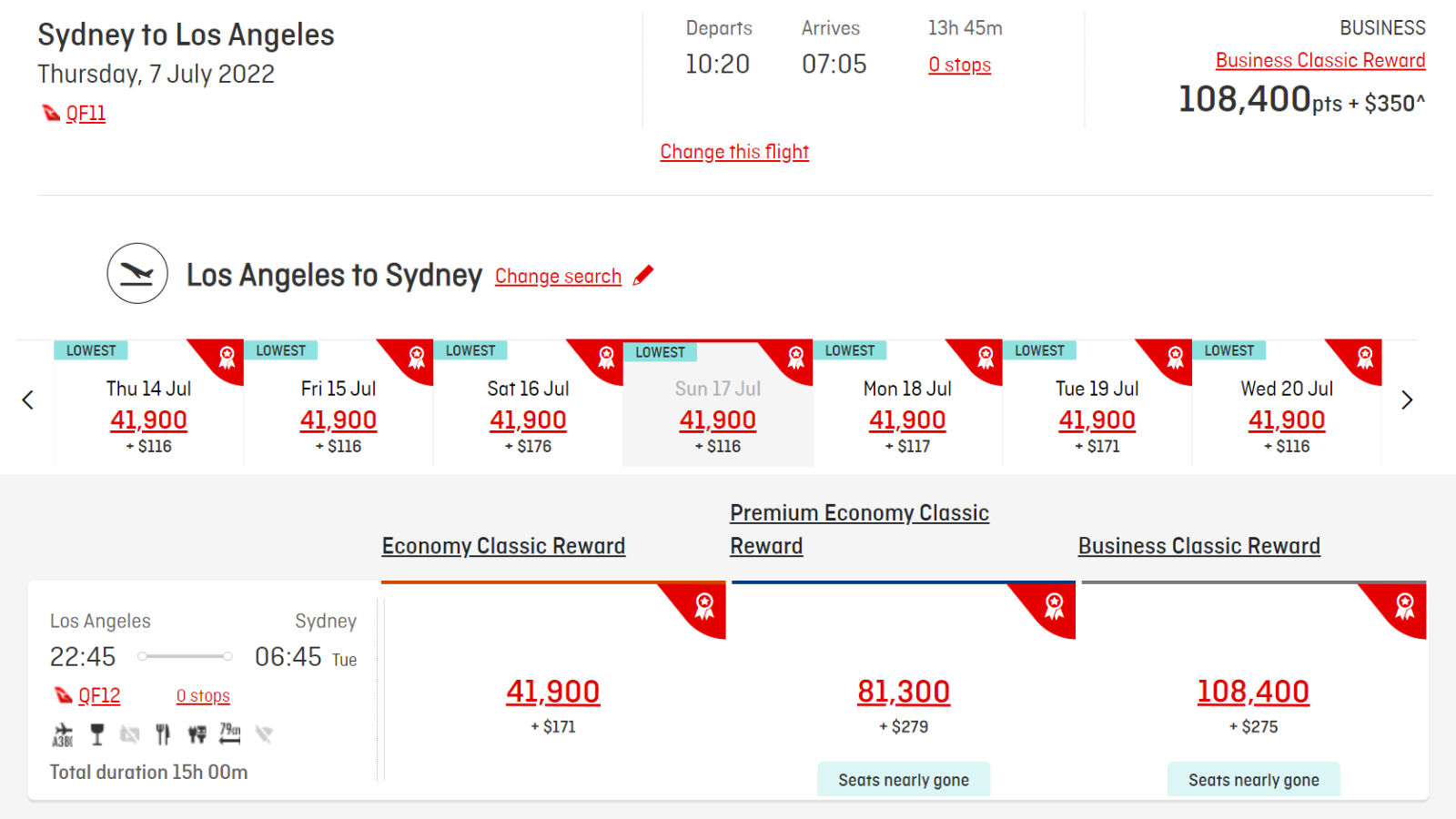 QF12 Melbourne to Los Angeles availability