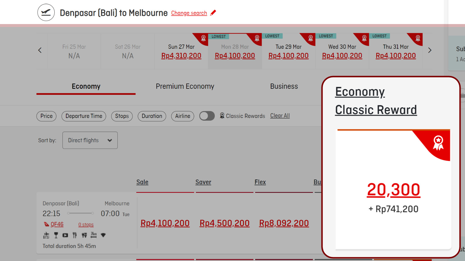 Bali to Melbourne Economy Reward Qantas