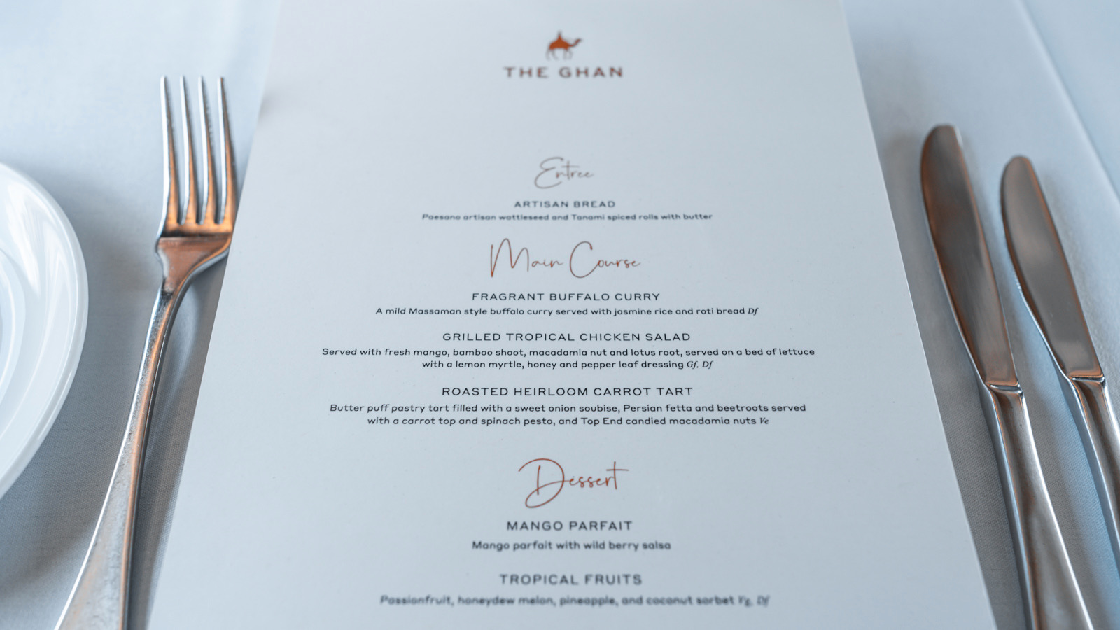 The Ghan Gold Service lunch menu