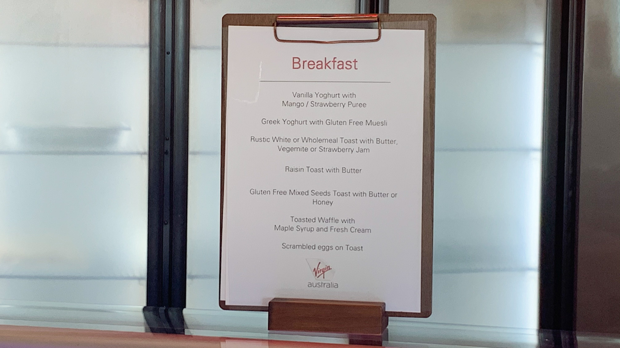 Virgin Australia Melbourne Lounge breakfast menu