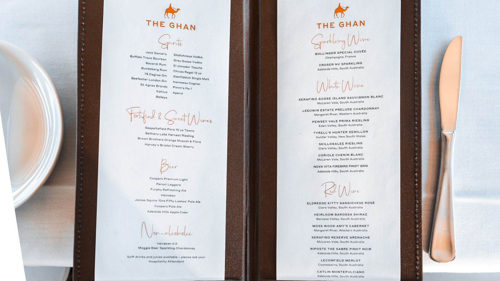 The Ghan Platinum drinks menu