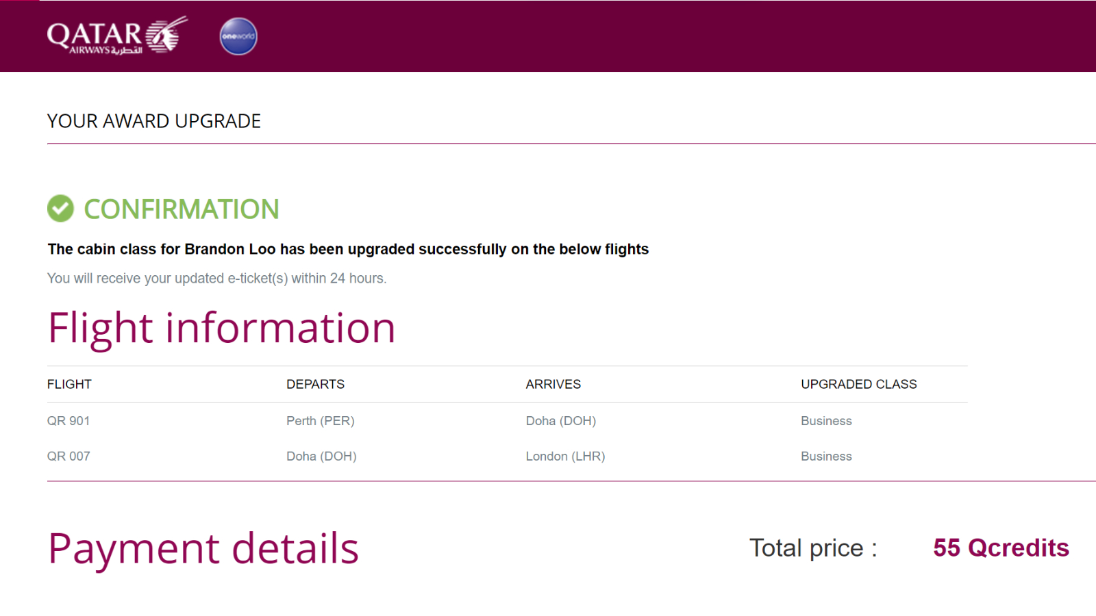 Qatar Airways Qcredits Confirmation